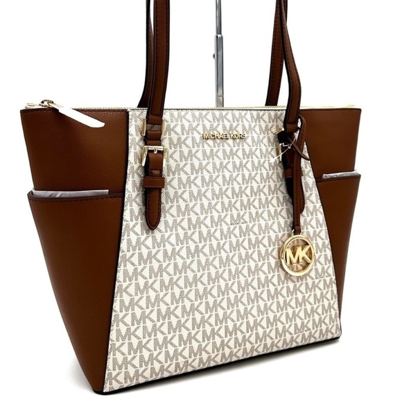 Michael Kors Large Charlotte Tote Bag Luggage Leather Vanilla